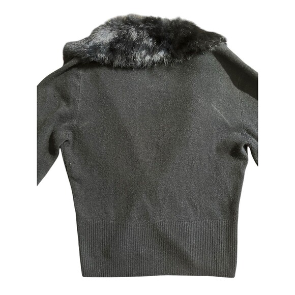 Vintage 90s Y2K Black Rabbit Fur Collar Ribbed Knit Cardigan Sweater Zip-Up Sz L - Picture 4 of 10